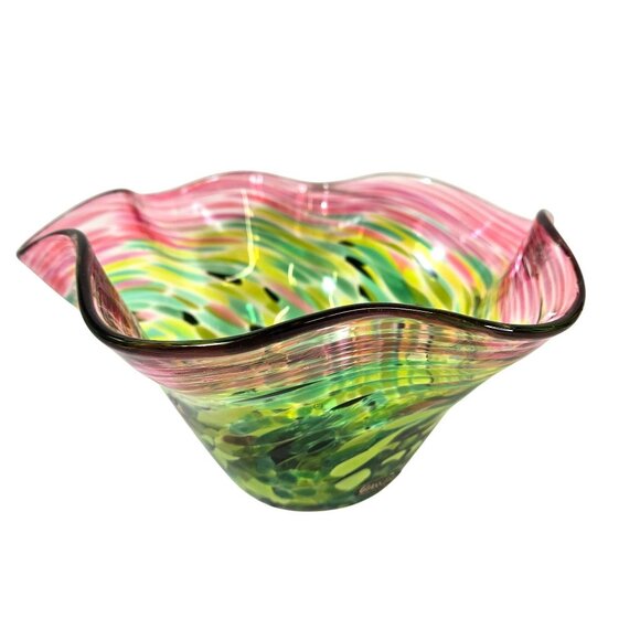 Handcrafted Glass Eye Studios Art Glass Bowl w Vibrant Pink & Green Swirl Ruffle